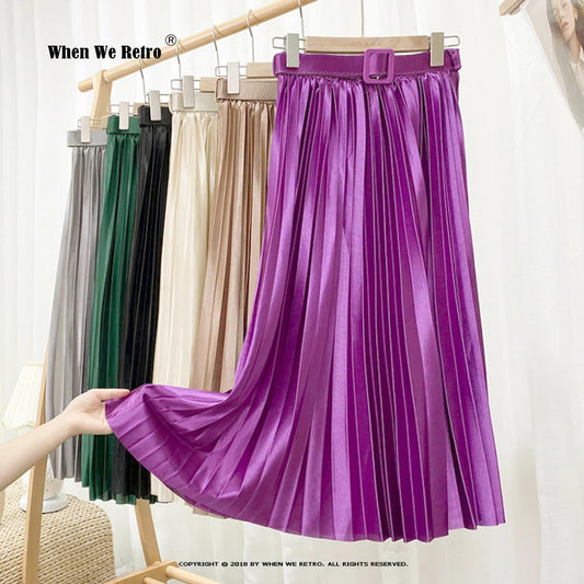 New Fashion Champagne Gold Women Long Skirt VD2735 High Waist Solid Color Pleated Midi Skirts
